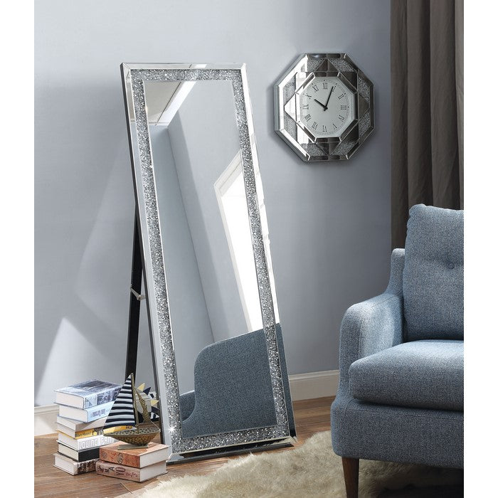 Faux Crystal Accented Wooden Floor Mirror, Clear and Silver