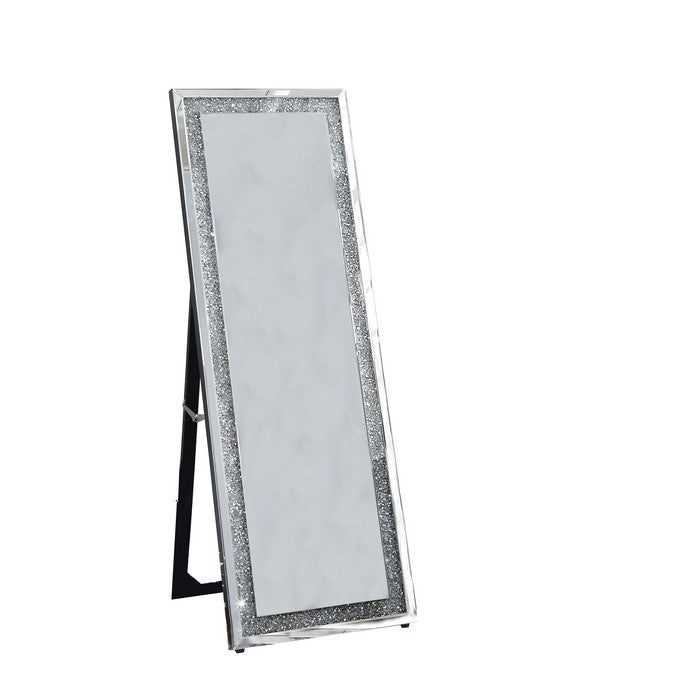 Faux Crystal Accented Wooden Floor Mirror, Clear and Silver