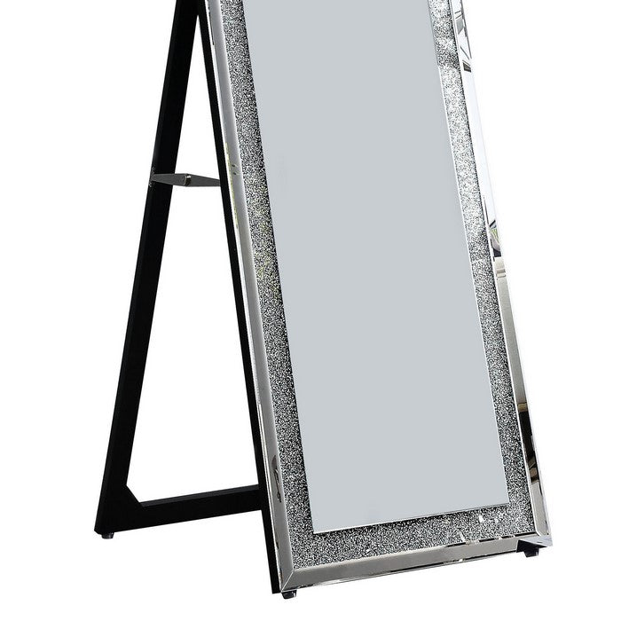 Faux Crystal Accented Wooden Framed Floor Mirror with Beveled Sides, Silver