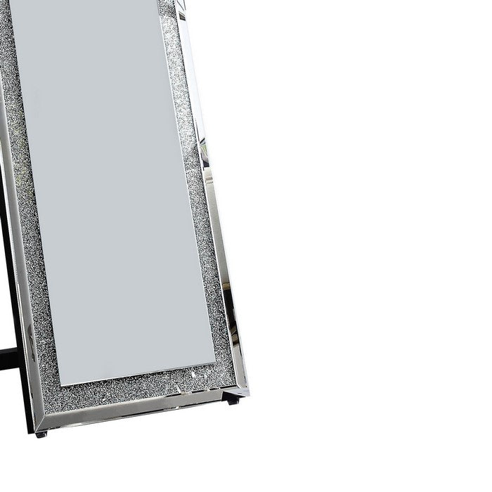 Faux Crystal Accented Wooden Framed Floor Mirror with Beveled Sides, Silver