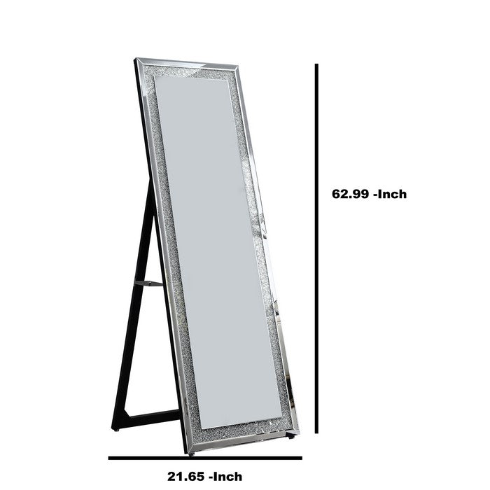 Faux Crystal Accented Wooden Framed Floor Mirror with Beveled Sides, Silver