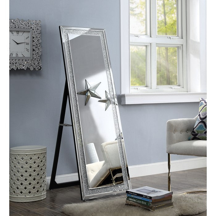 Faux Crystal Accented Wooden Framed Floor Mirror with Beveled Sides, Silver