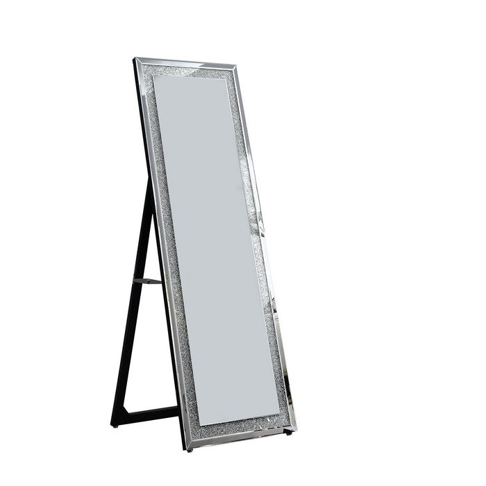 Faux Crystal Accented Wooden Framed Floor Mirror with Beveled Sides, Silver