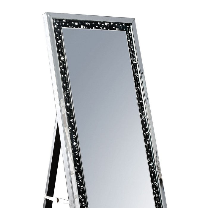 Rectangular Wooden Frame Floor Mirror with Faux Crystal Inlay, Black