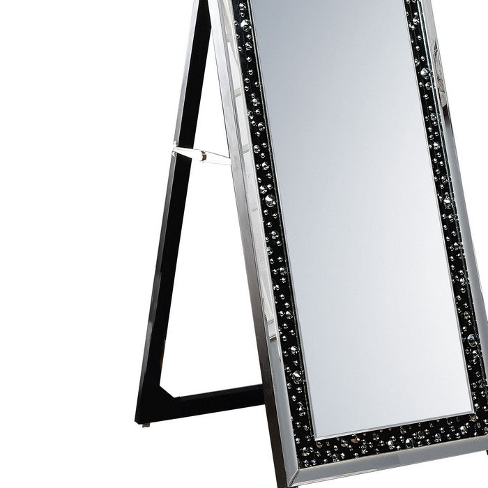 Rectangular Wooden Frame Floor Mirror with Faux Crystal Inlay, Black