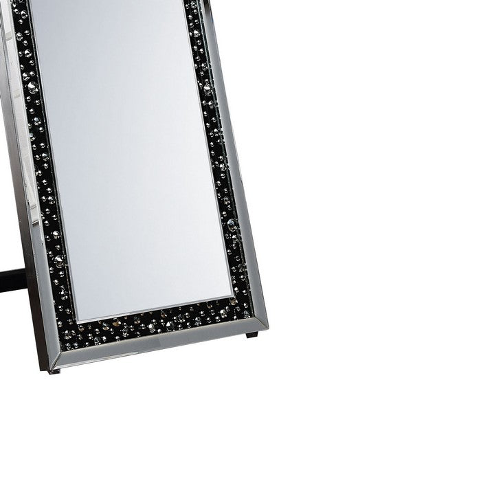 Rectangular Wooden Frame Floor Mirror with Faux Crystal Inlay, Black