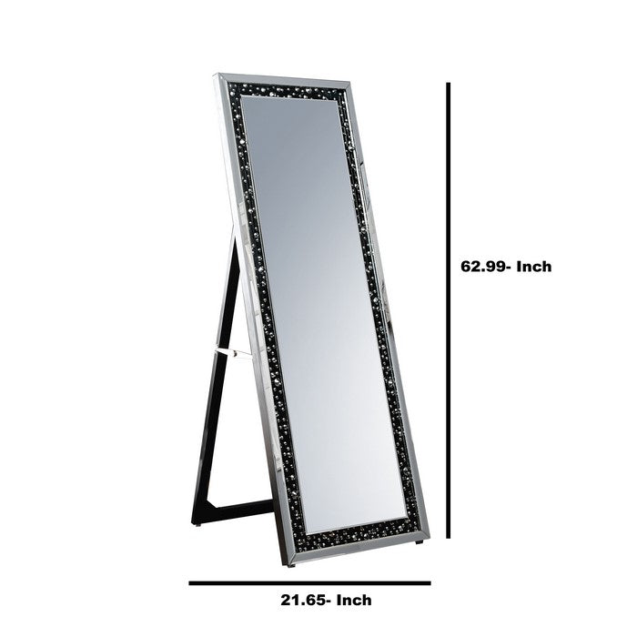 Rectangular Wooden Frame Floor Mirror with Faux Crystal Inlay, Black