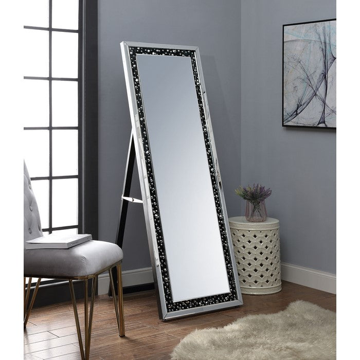 Rectangular Wooden Frame Floor Mirror with Faux Crystal Inlay, Black