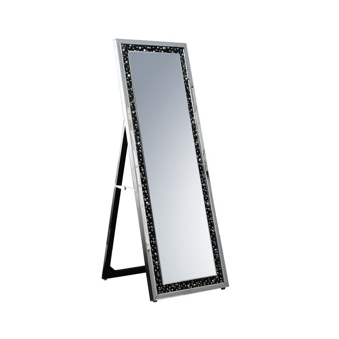 Rectangular Wooden Frame Floor Mirror with Faux Crystal Inlay, Black