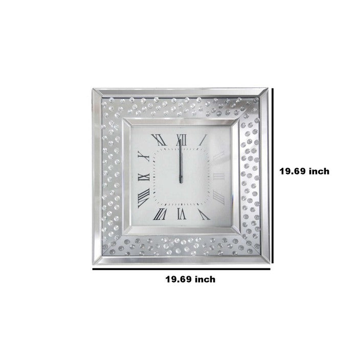Square Shape Mirrored Analog Wall Clock with Wooden Backing, Clear
