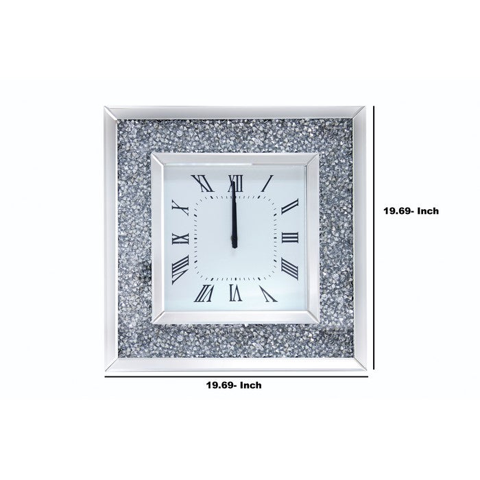 Faux Crystal Inlaid Mirrored Analog Wall Clock with Wooden Backing, Clear