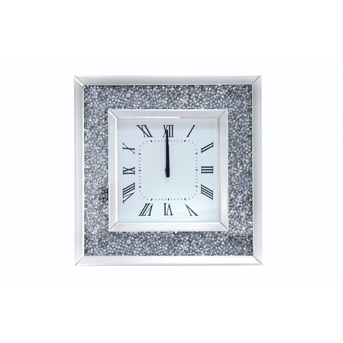 Faux Crystal Inlaid Mirrored Analog Wall Clock with Wooden Backing, Clear