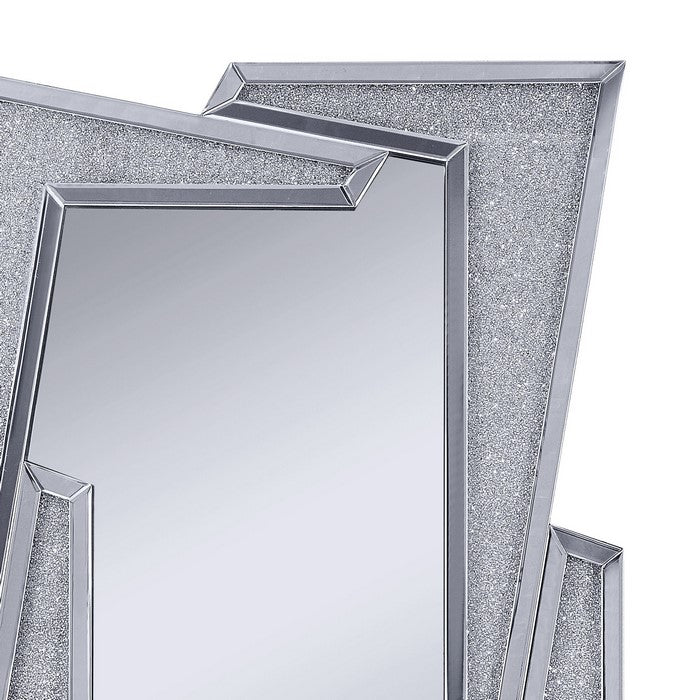 Mirrored Wooden Frame Accent Wall Decor with Four L Shaped Borders, Silver