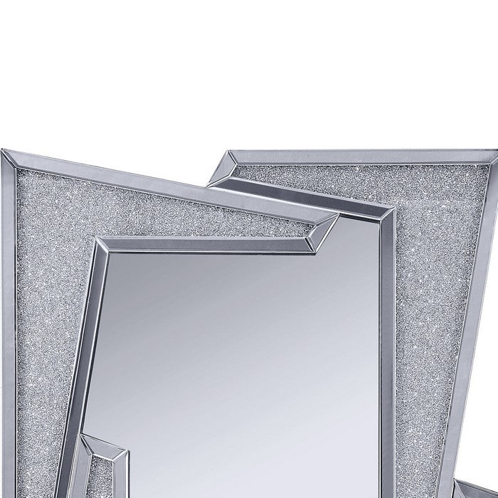 Mirrored Wooden Frame Accent Wall Decor with Four L Shaped Borders, Silver
