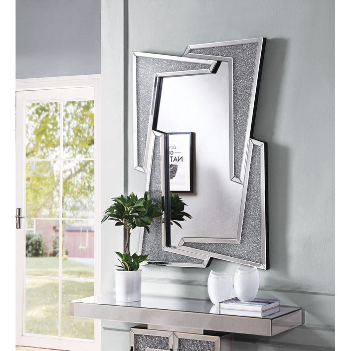 Mirrored Wooden Frame Accent Wall Decor with Four L Shaped Borders, Silver