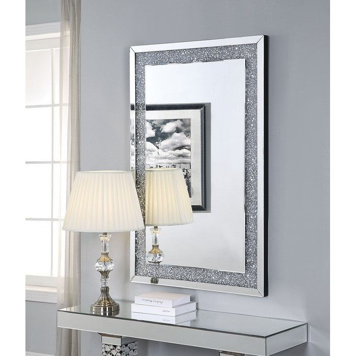Mirrored Wooden Frame Accent WallDecor with Faux Crystal Inlay, Clear