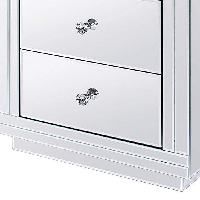 Two Drawers Wooden Nightstand with Mirrored Paneling, Clear