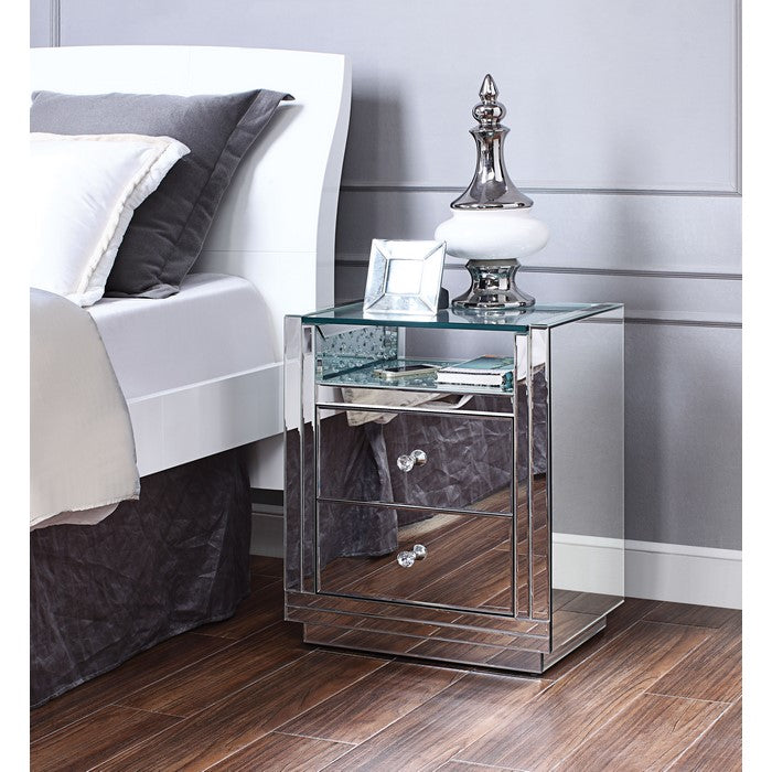 Two Drawers Wooden Nightstand with Mirrored Paneling, Clear