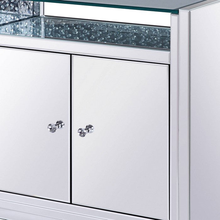 Mirror Paneled Wooden Cabinet with Storage and Display Space, Silver