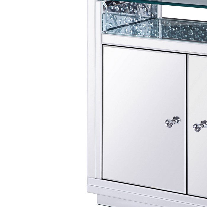 Mirror Paneled Wooden Cabinet with Storage and Display Space, Silver