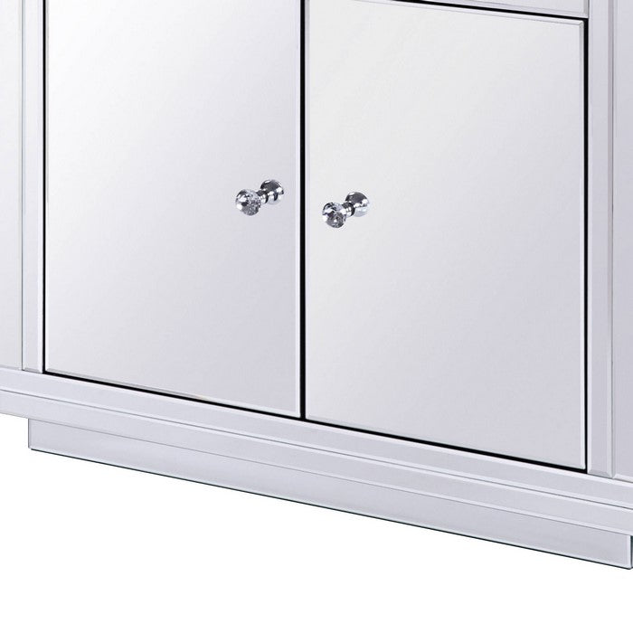 Mirror Paneled Wooden Cabinet with Storage and Display Space, Silver
