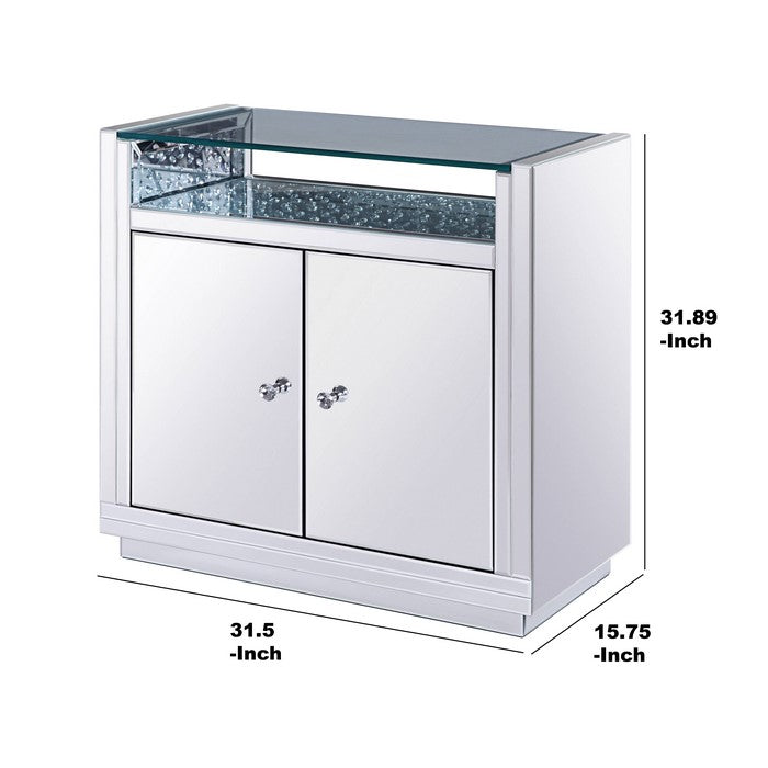 Mirror Paneled Wooden Cabinet with Storage and Display Space, Silver