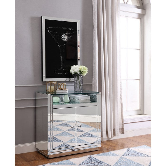 Mirror Paneled Wooden Cabinet with Storage and Display Space, Silver