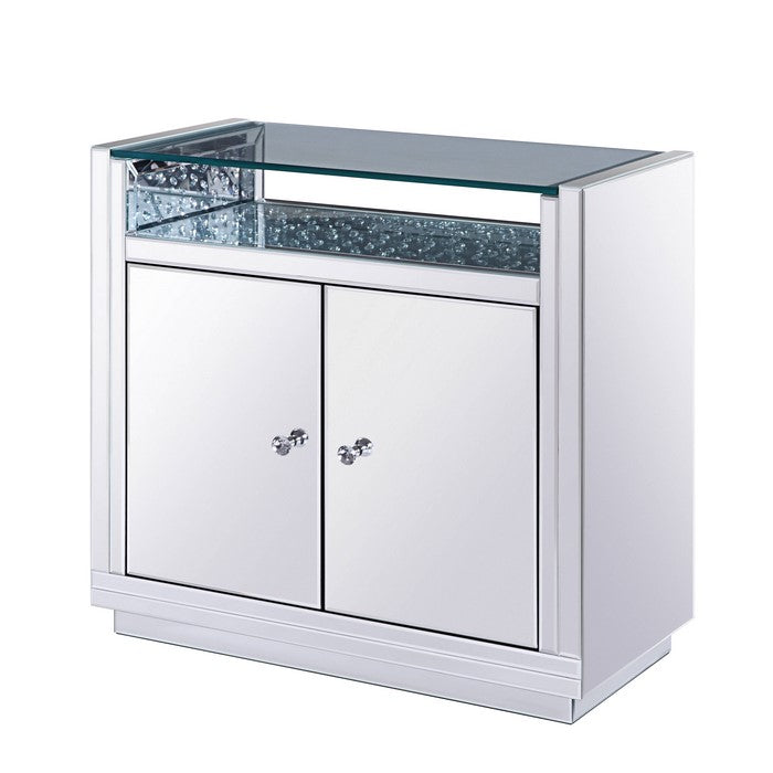 Mirror Paneled Wooden Cabinet with Storage and Display Space, Silver