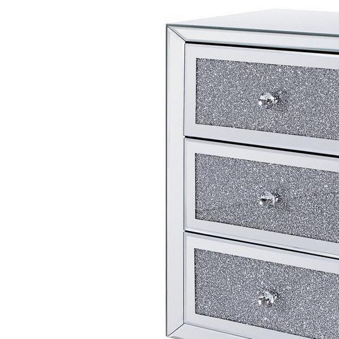 3 Drawer Wooden Nightstand with Mirror Trim and Faux Crystal Inlay, Silver