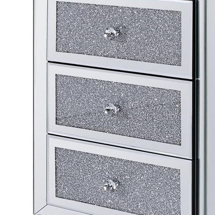 3 Drawer Wooden Nightstand with Mirror Trim and Faux Crystal Inlay, Silver