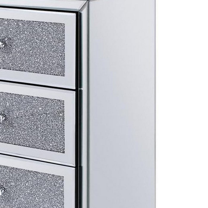 3 Drawer Wooden Nightstand with Mirror Trim and Faux Crystal Inlay, Silver