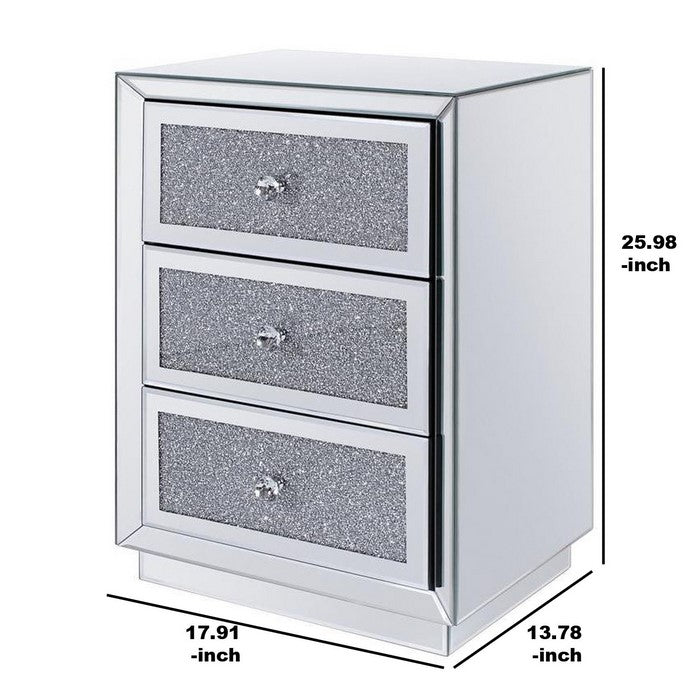 3 Drawer Wooden Nightstand with Mirror Trim and Faux Crystal Inlay, Silver