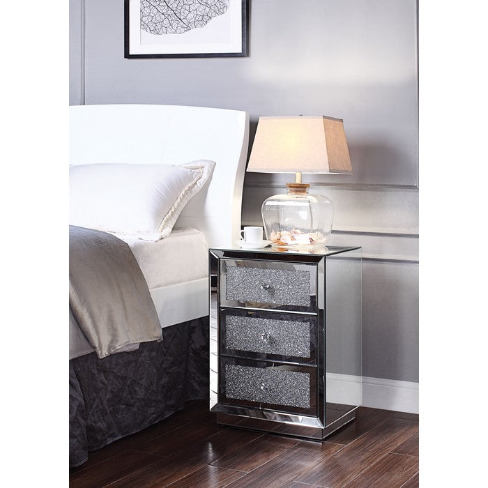 3 Drawer Wooden Nightstand with Mirror Trim and Faux Crystal Inlay, Silver