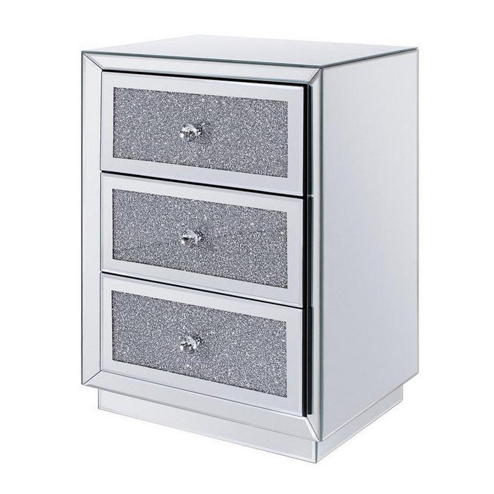 3 Drawer Wooden Nightstand with Mirror Trim and Faux Crystal Inlay, Silver