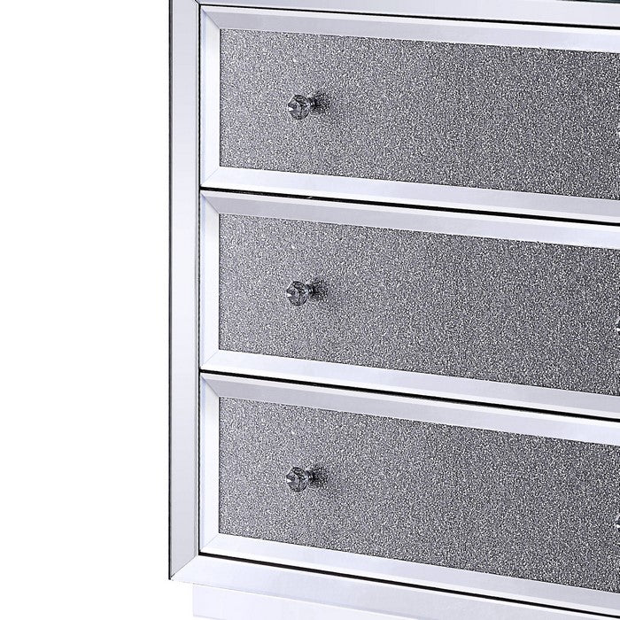 Three Drawers Wooden Cabinet with Mirrored Paneling and Faux Crystal Inlay, Clear