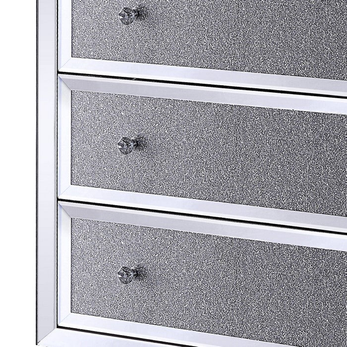Three Drawers Wooden Cabinet with Mirrored Paneling and Faux Crystal Inlay, Clear