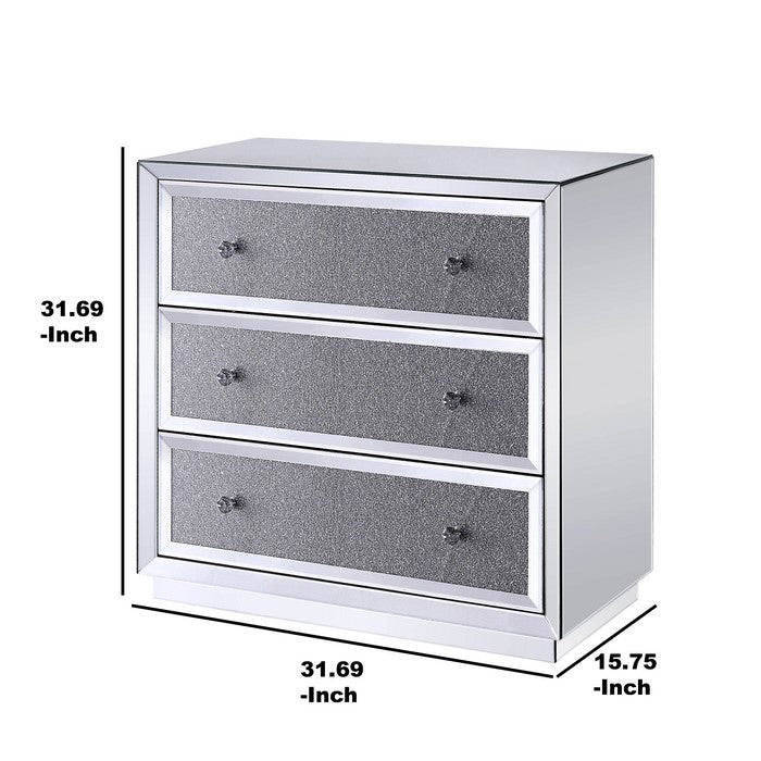 Three Drawers Wooden Cabinet with Mirrored Paneling and Faux Crystal Inlay, Clear