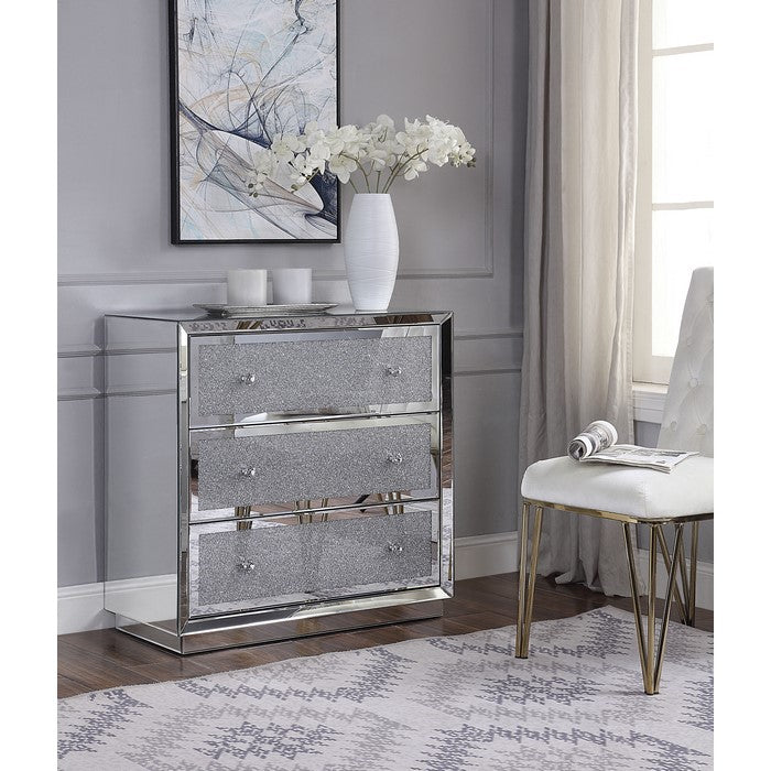 Three Drawers Wooden Cabinet with Mirrored Paneling and Faux Crystal Inlay, Clear