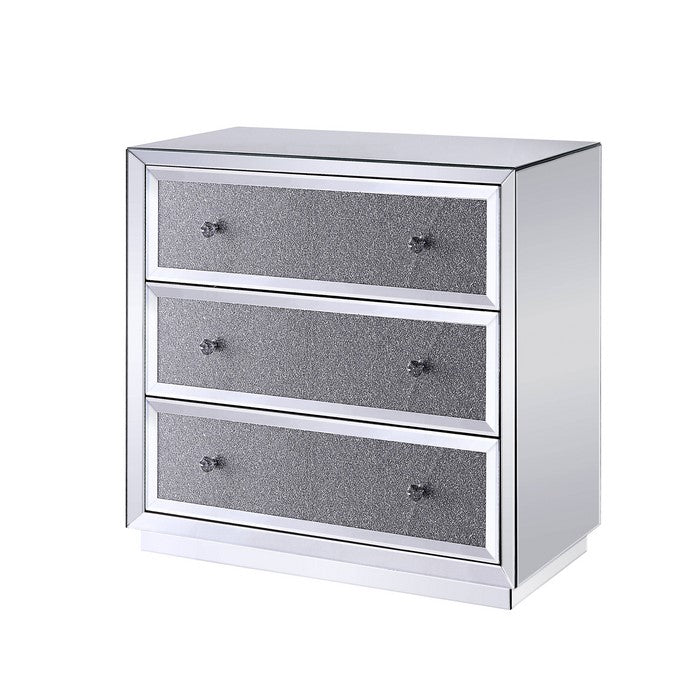 Three Drawers Wooden Cabinet with Mirrored Paneling and Faux Crystal Inlay, Clear