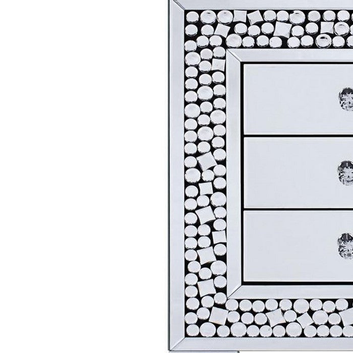 Faux Crystal Inlaid Wooden Nightstand with Three Spacious Drawers, Clear and Black