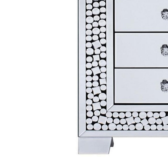 Faux Crystal Inlaid Wooden Nightstand with Three Spacious Drawers, Clear and Black