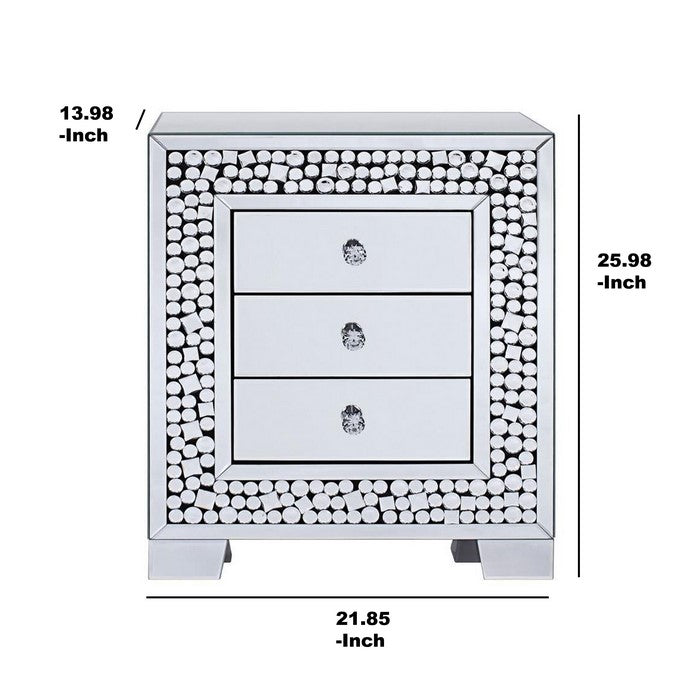 Faux Crystal Inlaid Wooden Nightstand with Three Spacious Drawers, Clear and Black