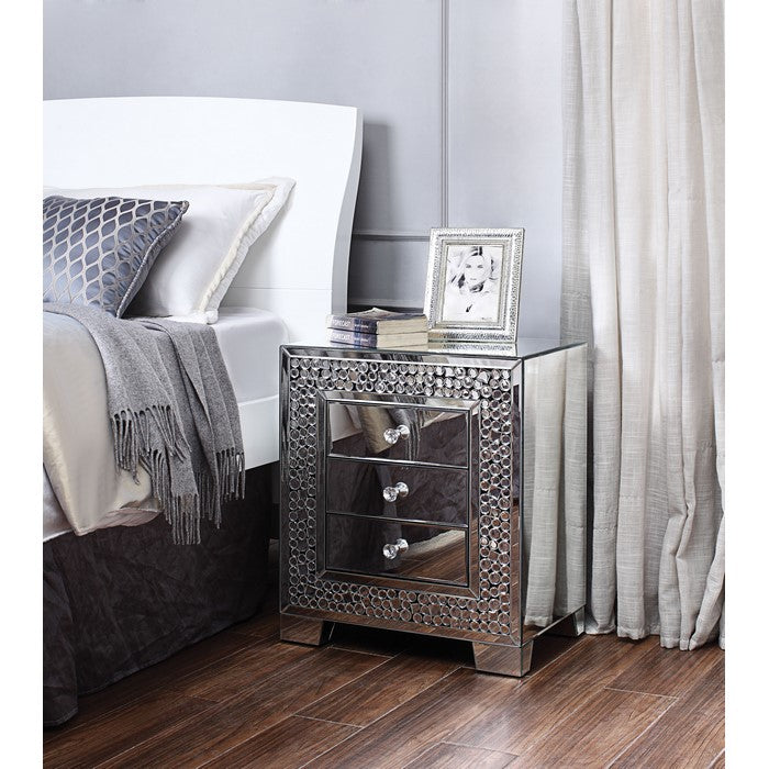 Faux Crystal Inlaid Wooden Nightstand with Three Spacious Drawers, Clear and Black