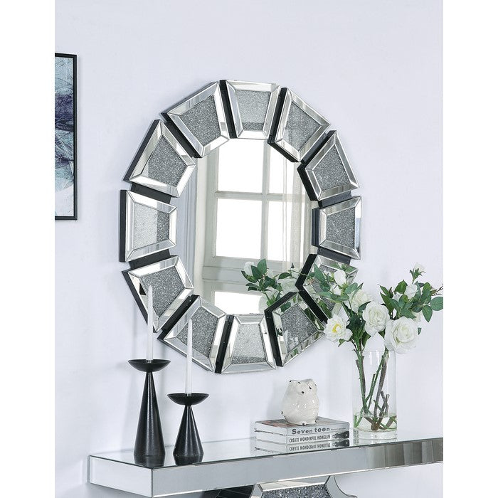 Wooden Backing WallDecor with Tapered Mirrored Panel Borders, Clear and Black