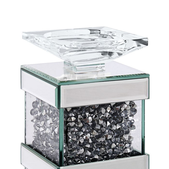 Wood and Glass Candle Holder with Faux Crystal Inserts, Clear, Set of Two, Small