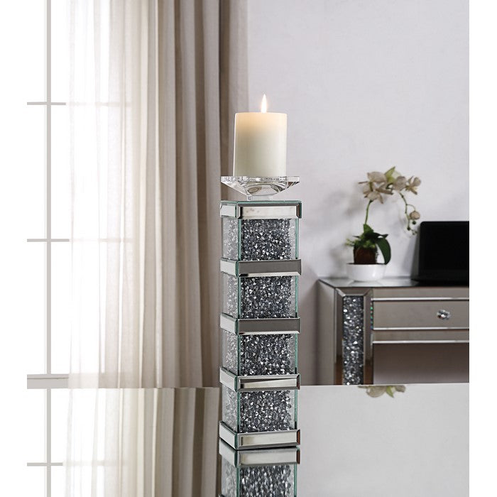 Wood and Glass Candle Holder with Faux Crystal Inserts, Clear, Set of Two, Large