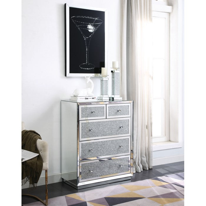 Wood and Mirror Accent Cabinet with Five Drawers, Clear