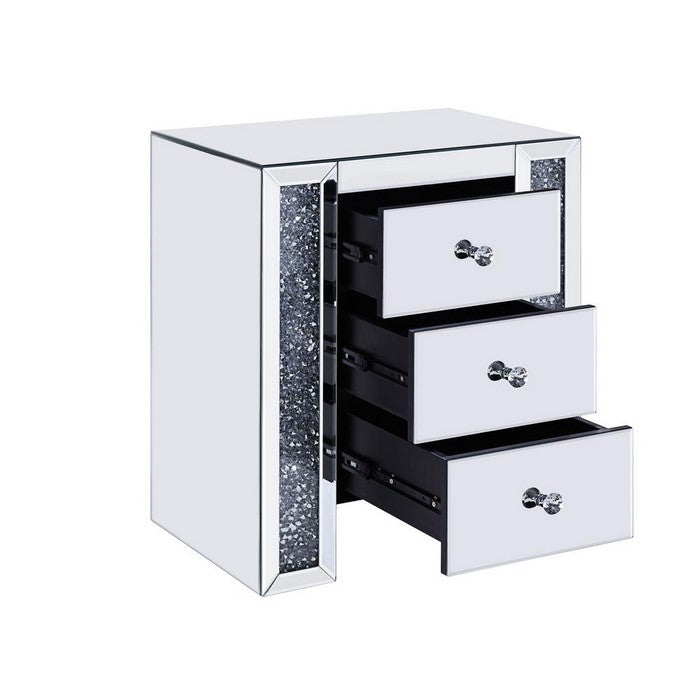 Wood and Mirror Nightstand with Three Drawers, Clear