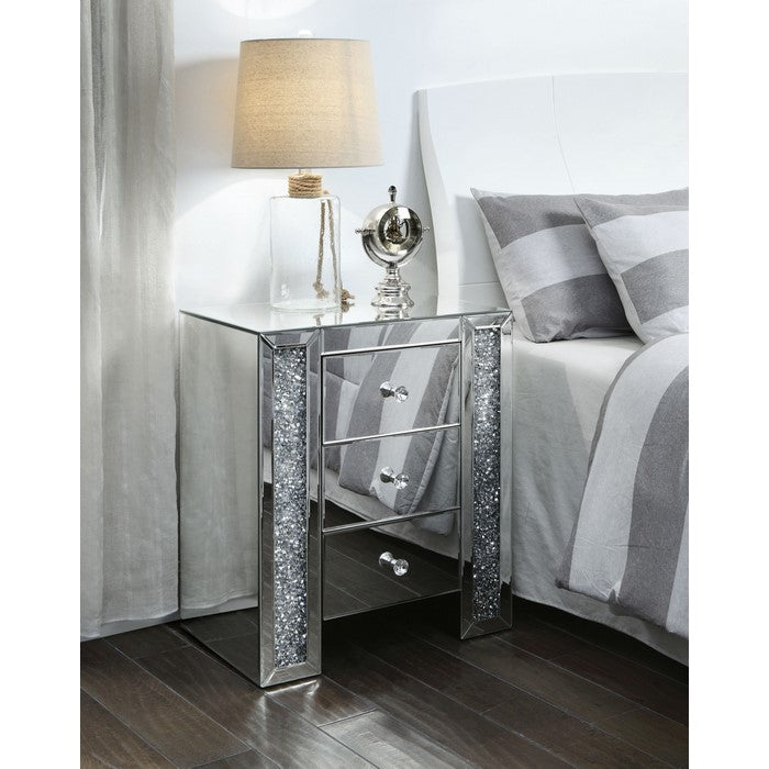 Wood and Mirror Nightstand with Three Drawers, Clear