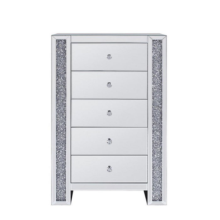Five Drawer Cabinet with Mirror Panels and Faux Gem Accents, Silver